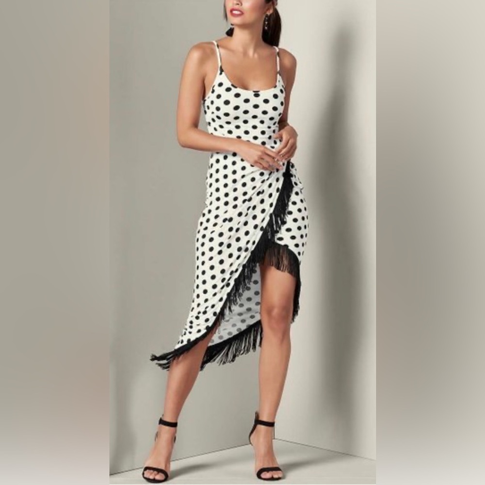 Venus- black and white polka dotted asymmetrical fringe dress